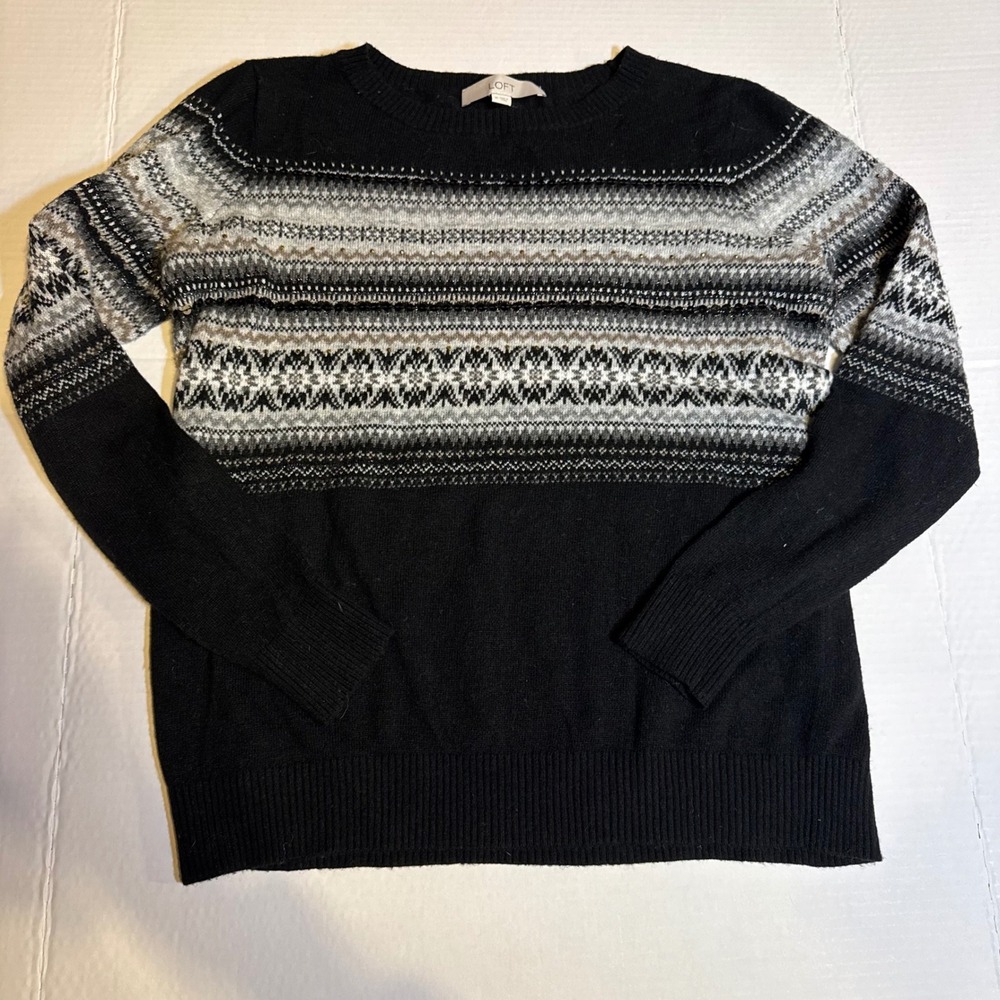 LOFT Wool Studded Sequin Women Black Fair Isle‎ Pattern Sweater Long Sleeve Sz M